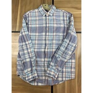 GAP Mens Plaid Long Sleeve Button Down Shirt Blue Linen Blend Size M